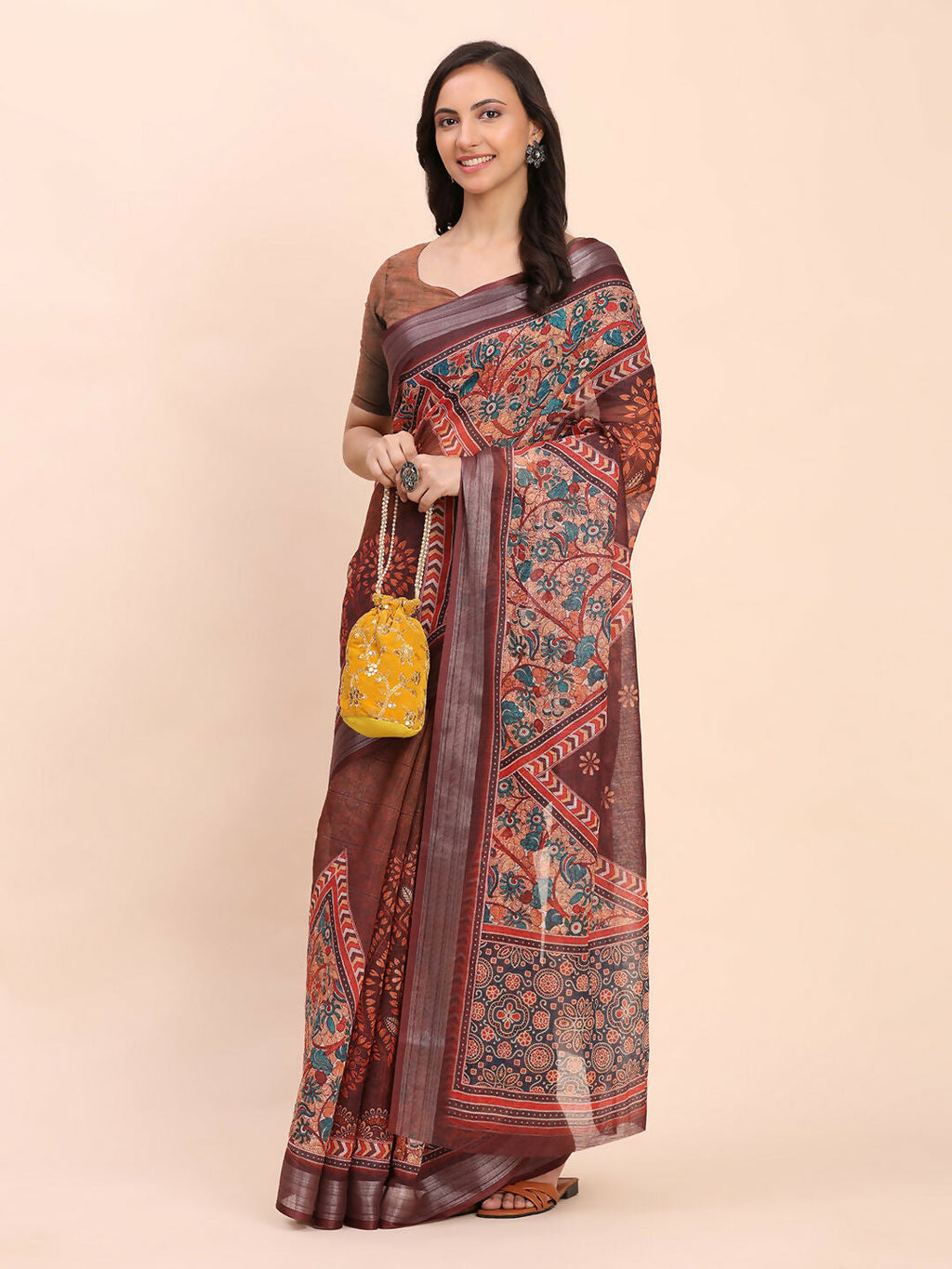 Shree Shyam Fashion Linen Cotton Brown Saree