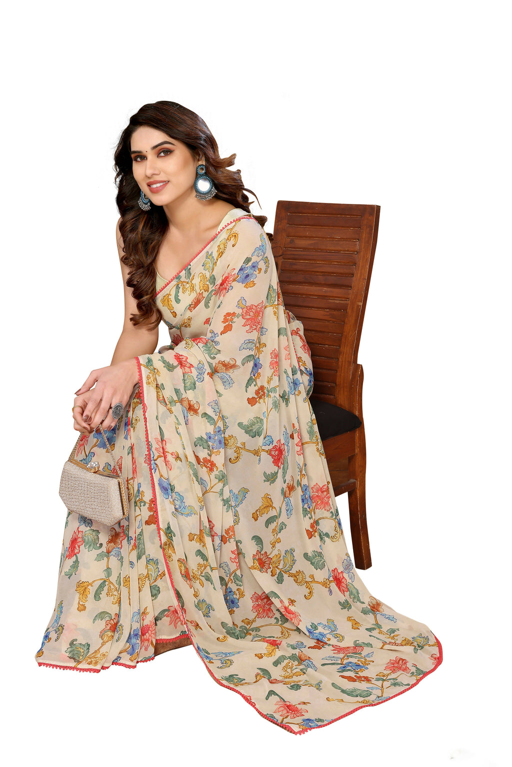 Women's Partywear Designer Off white Georgette Fancy Saree - Satrangi