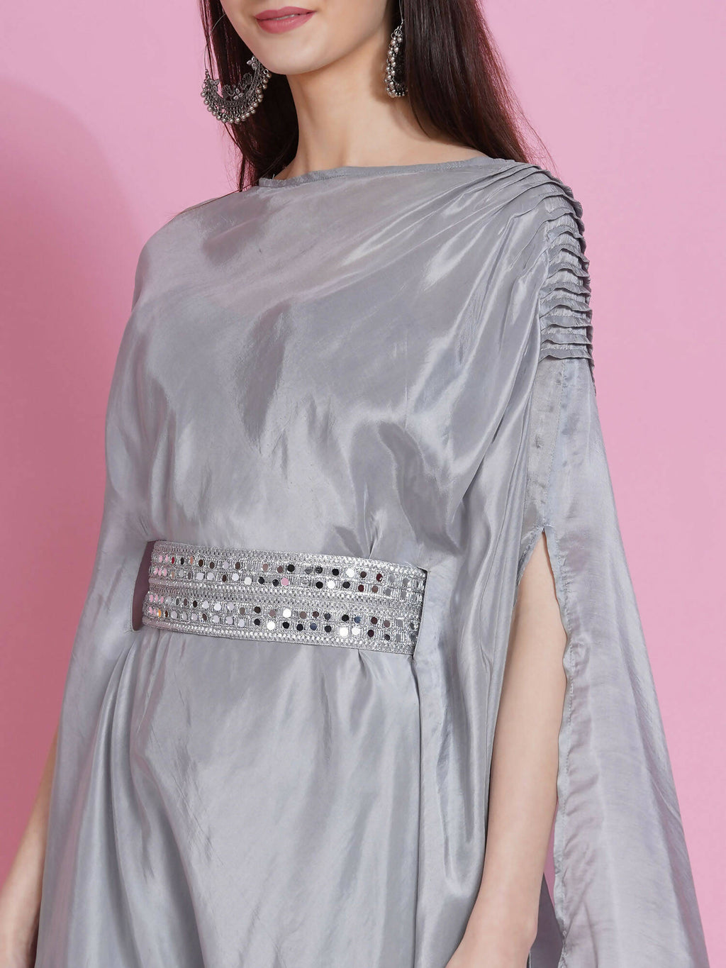 Women Republic Grey Opara Silk Kurta With Belt And Palazzo