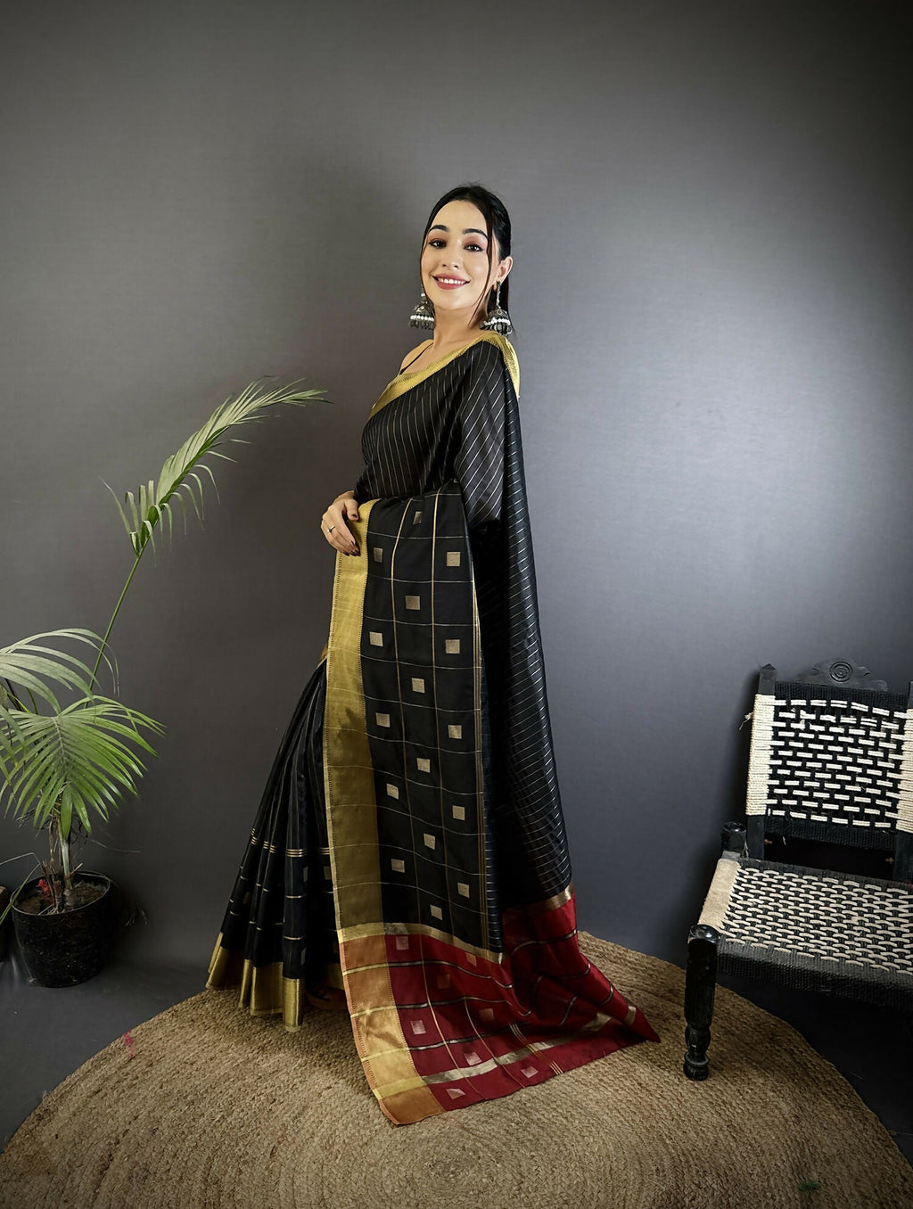 Joban Fashion Black Bhagalpuri Cotton Silk Stripes/Box Saree