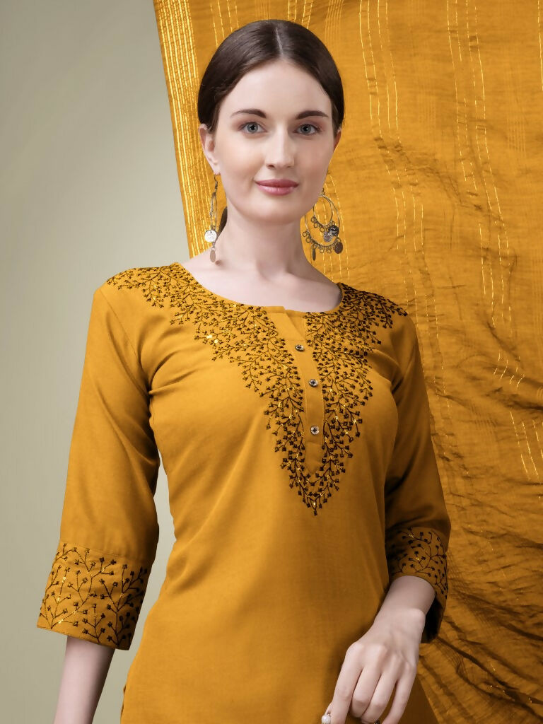 Jyoti Fashion Women's Mustard Cotton Blend Embroidery & Sequence work Kurta with Trouser & Dupatta