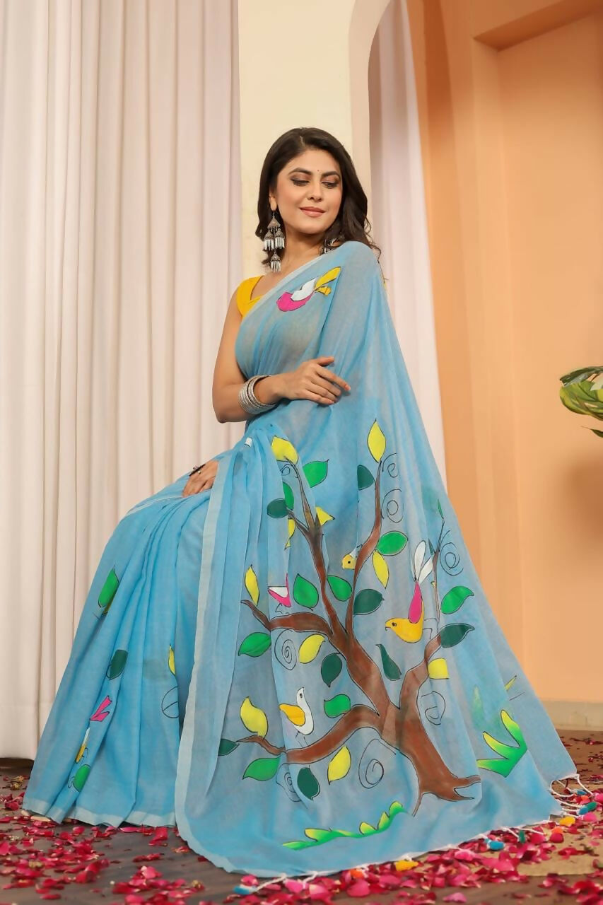 Exclusive Collection Beautiful Light Sky Pure Cotton Hand Print Handloom Saree With Running Blouse Piece