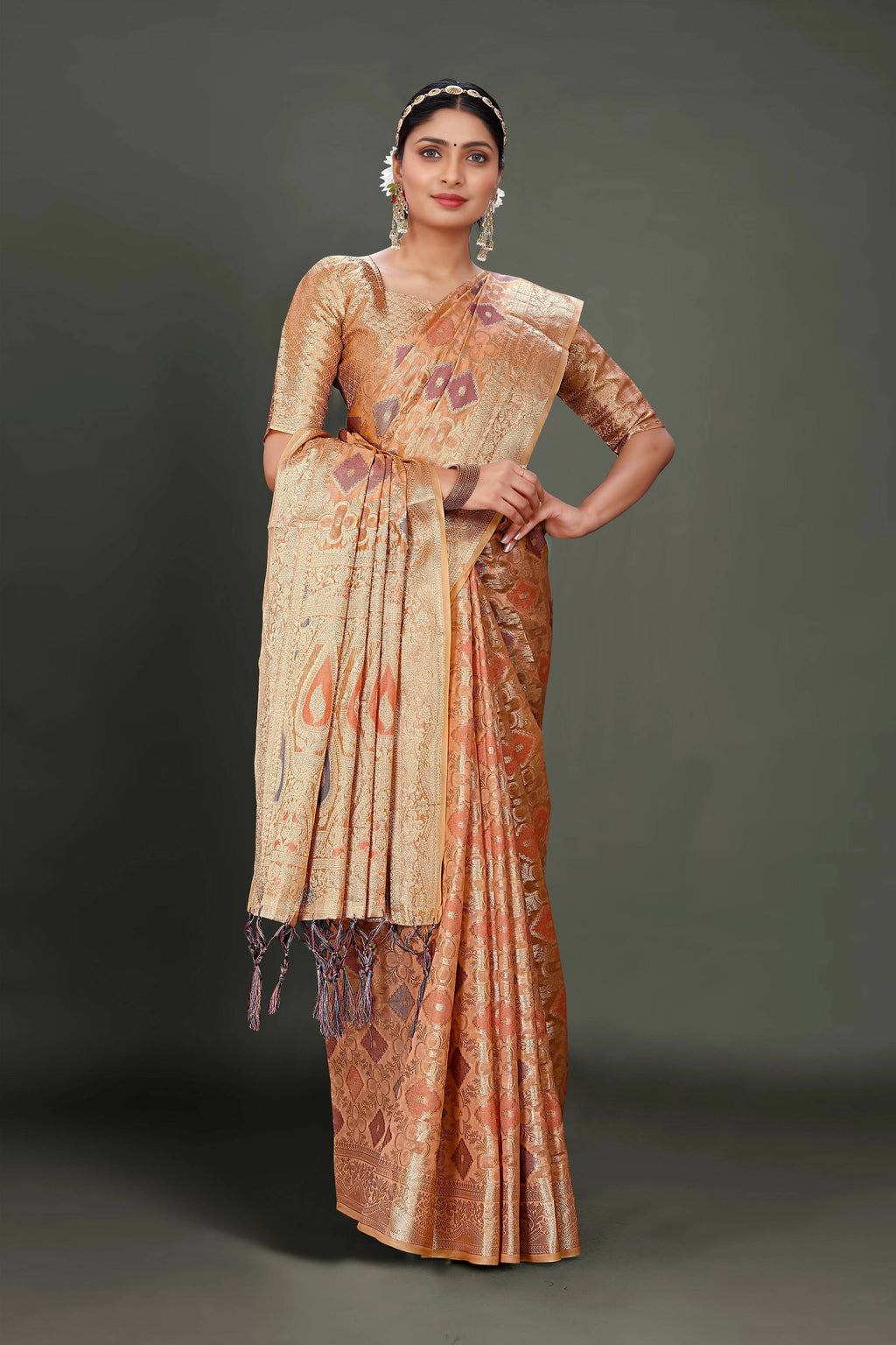 Peach Soft Organza Woven Design Saree With Unstitched Blouse Piece - Zaara