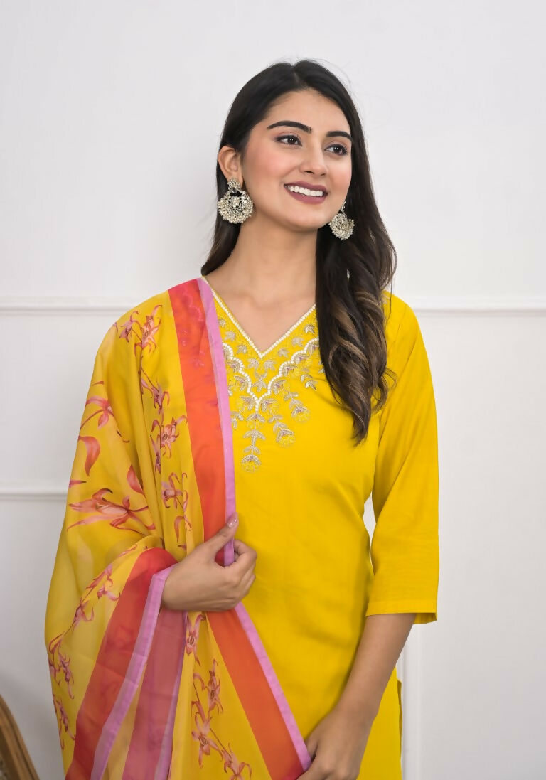 Yellow Viscose Silk Embroidery with Thread and sequence Stitched Suit With Dupatta - Tanisha