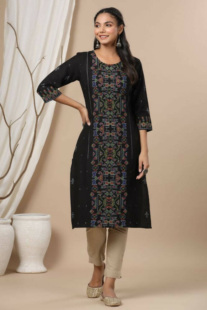 Juniper Women Black Rayon Flex Printed Straight Kurta