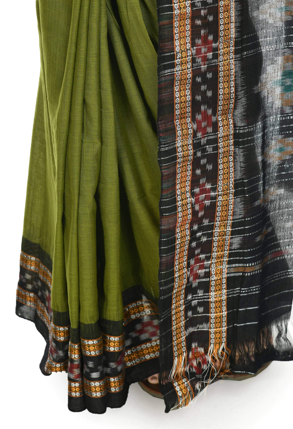 Vamika Sambalpuri Ikat Cotton Rekhabala Buti Green & Black Saree