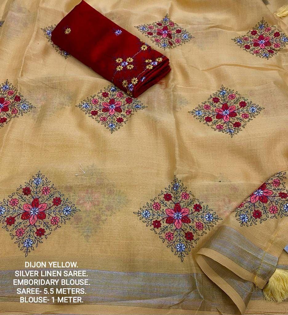 Yellow Pure Linen Ethnic Motifs Saree with Unstitched Blouse - Hiral Fashion
