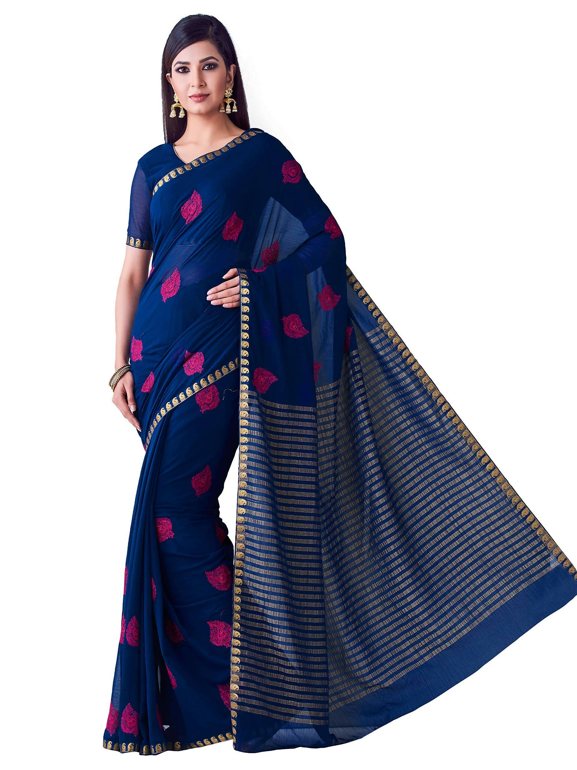 Mimosa Women's Navy Blue Banarasi Chiffon Saree