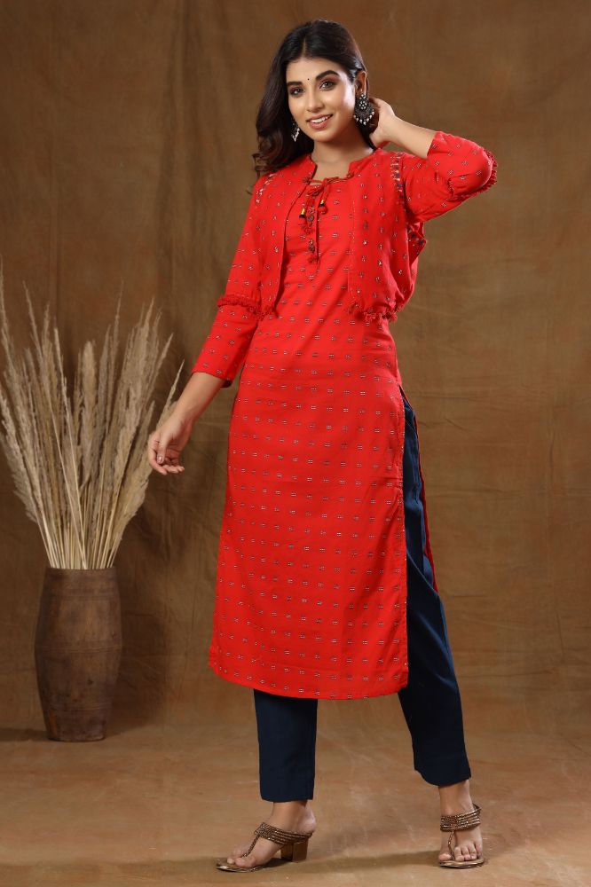 Kaajh Red Printed Jacket Kurta Pant Set For Women