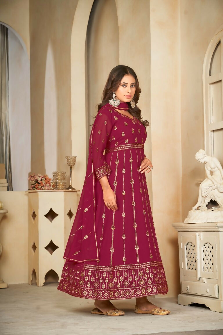 Jyoti Fashion Women's Rani Pink Georgette Embroidered Anarkali Kurta Pant Set With Dupatta
