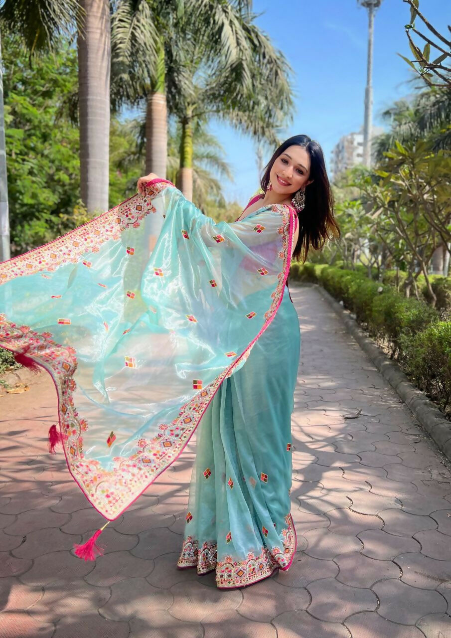Vastranavya Twill Net Designer Embroidery & Colour Thread & Diamond work Saree with Blouse Material - Sky Blue