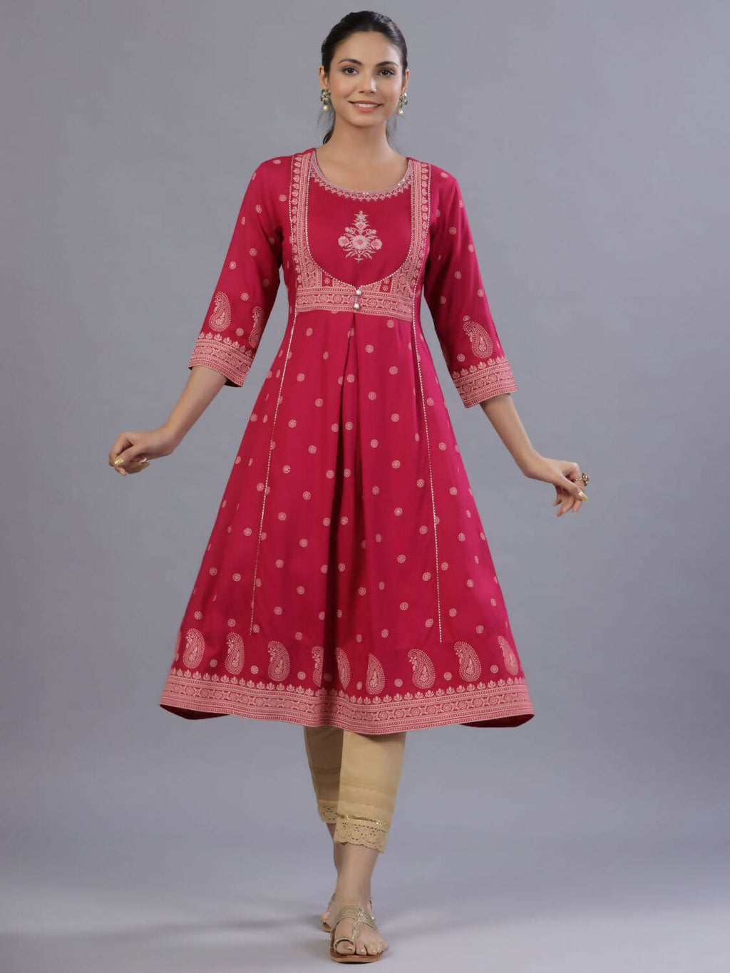 Juniper Women Fuchsia Rayon Printed A-Line Kurta