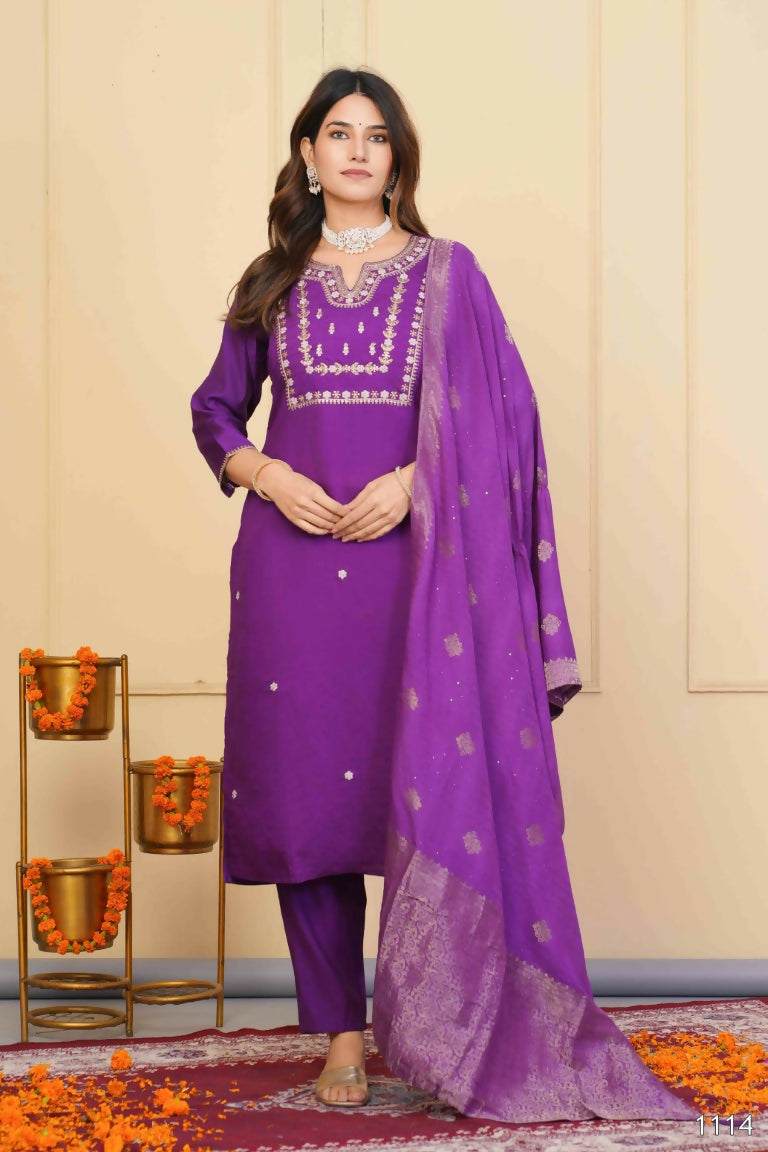 Purple Viscose Chanderi Embroidered Stitched Suit With Dupatta - Tanisha