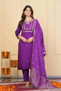 Purple Viscose Chanderi Embroidered Stitched Suit With Dupatta - Tanisha