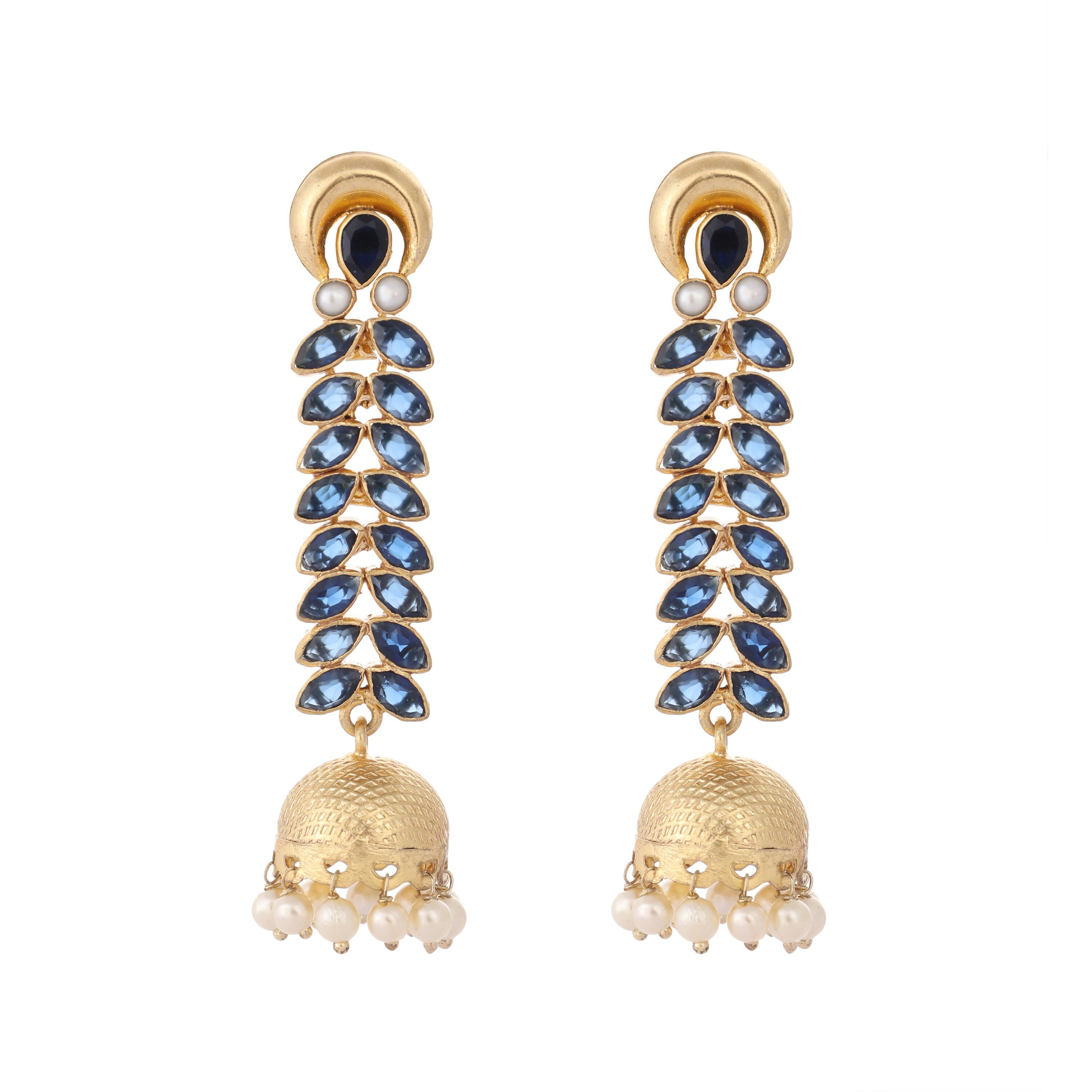 Nuyug 22K Gold-Plated Blue Onyx & Pearl Studded Dome Shaped Jhumkas