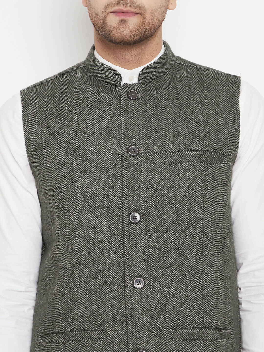 Even Apparels Green Wool Men Woven Nehru Jacket