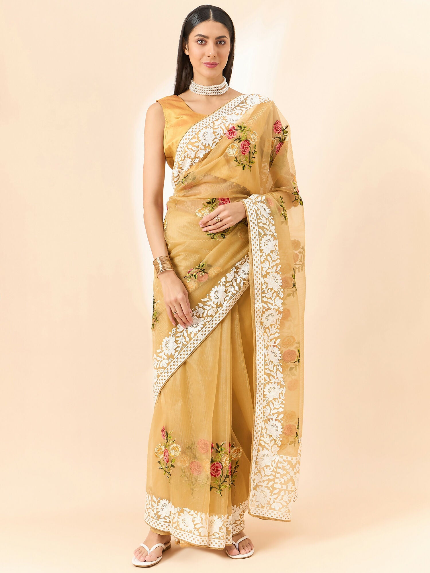 Beige Organza Floral Embroidered Saree with Unstitched Blouse Piece - Roozal