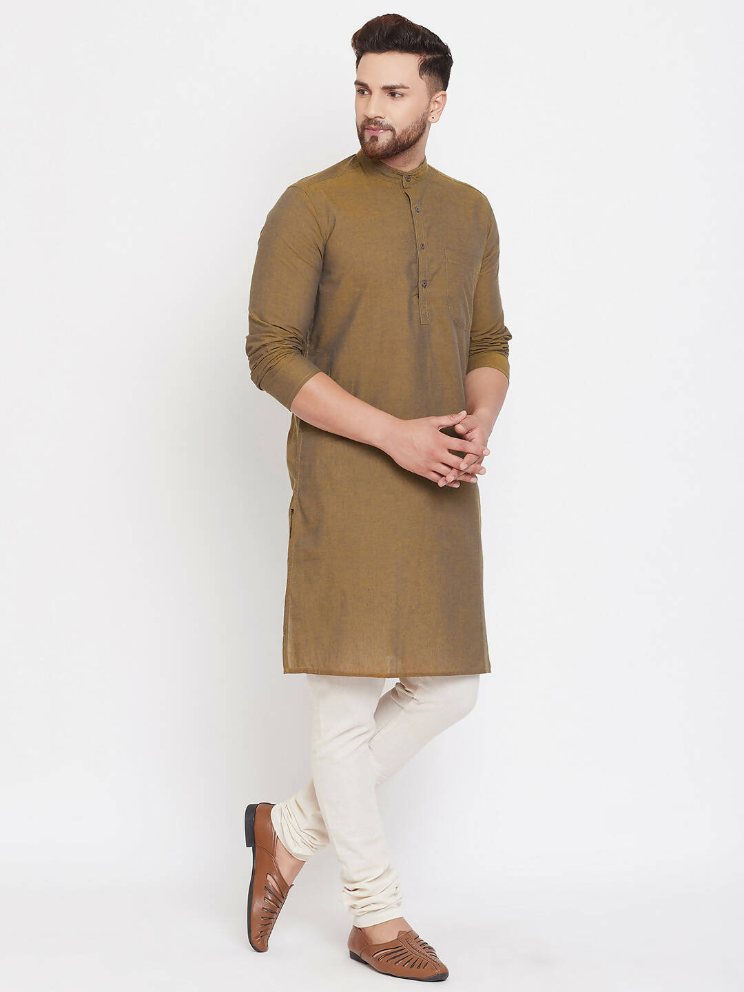 Even Apparels Brown Pure Cotton Men's Kurta With Band Collar