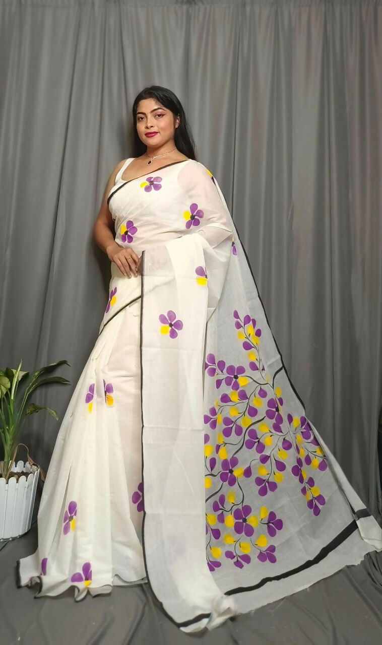 Exclusive Collection Beautiful White Purple Pure Cotton Hand Print Handloom Saree With Running Blouse Piece