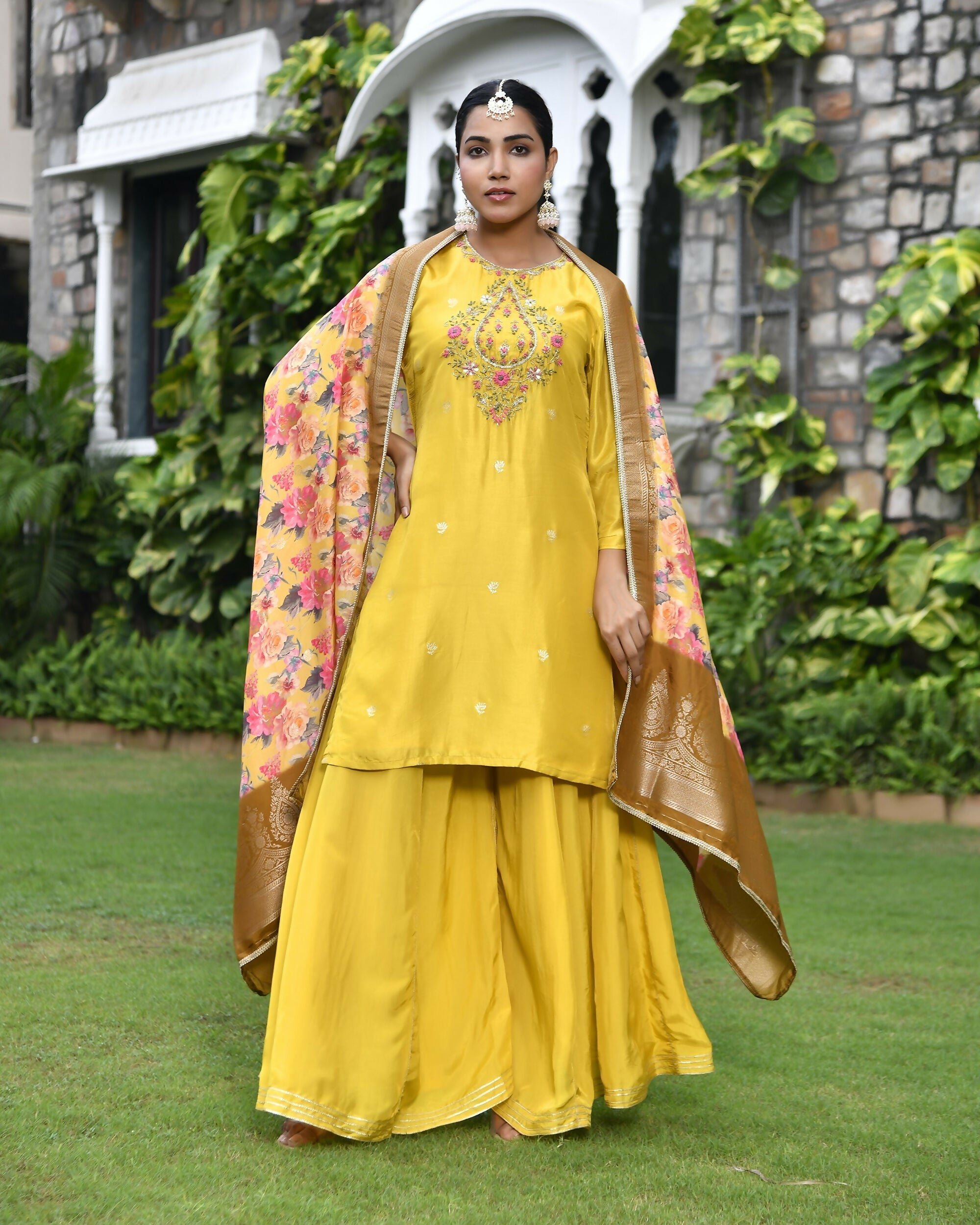 Vaasva Women's Silk Mustard Emboidered Solid Kurta, Sharara & Dupatta Set