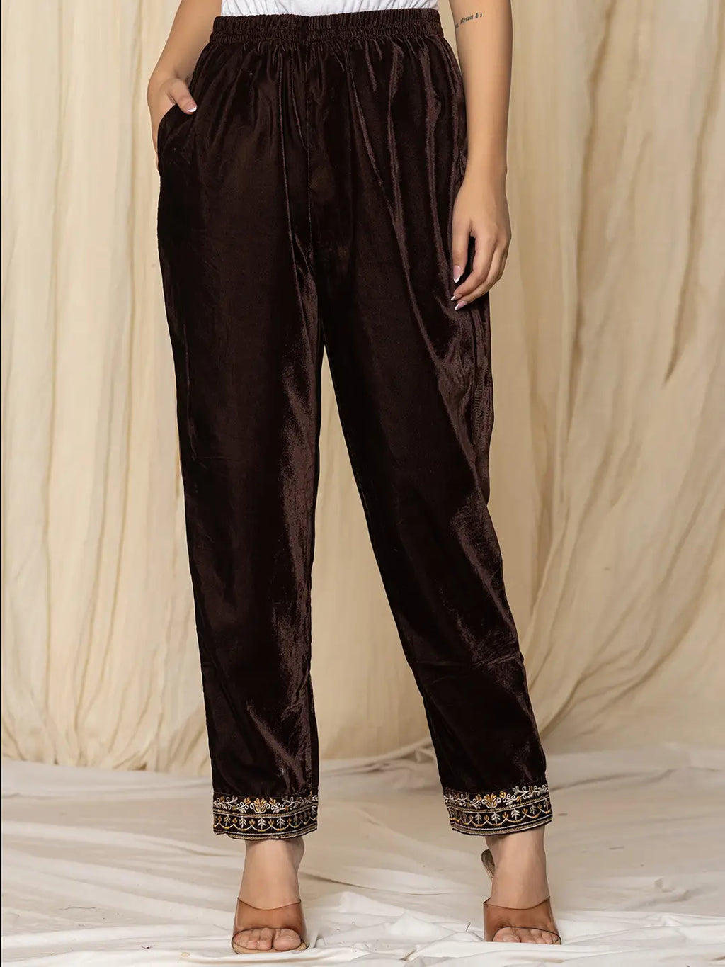Yufta Coffee Brown Velvet Embroidered Co-Ord Set
