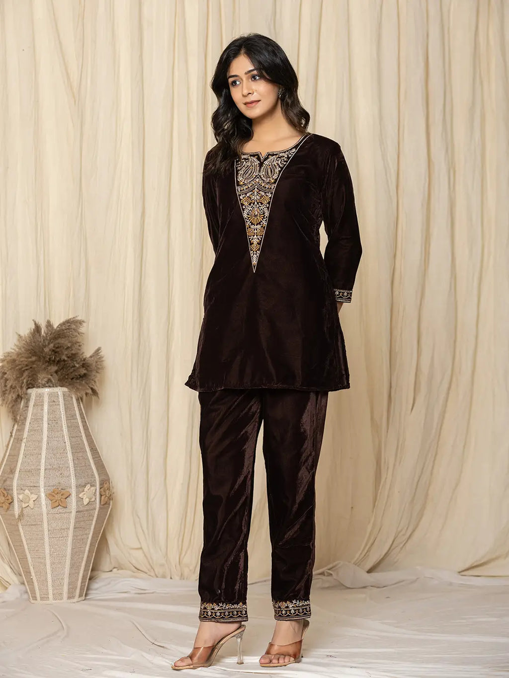 Yufta Coffee Brown Velvet Embroidered Co-Ord Set