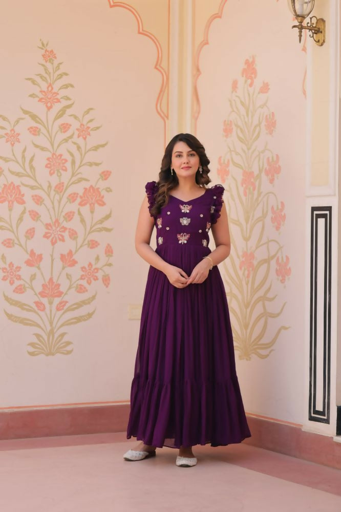 Vastranavya Purple Faux Blooming With Sequins Multithreaded Beads Embroidered work Gown