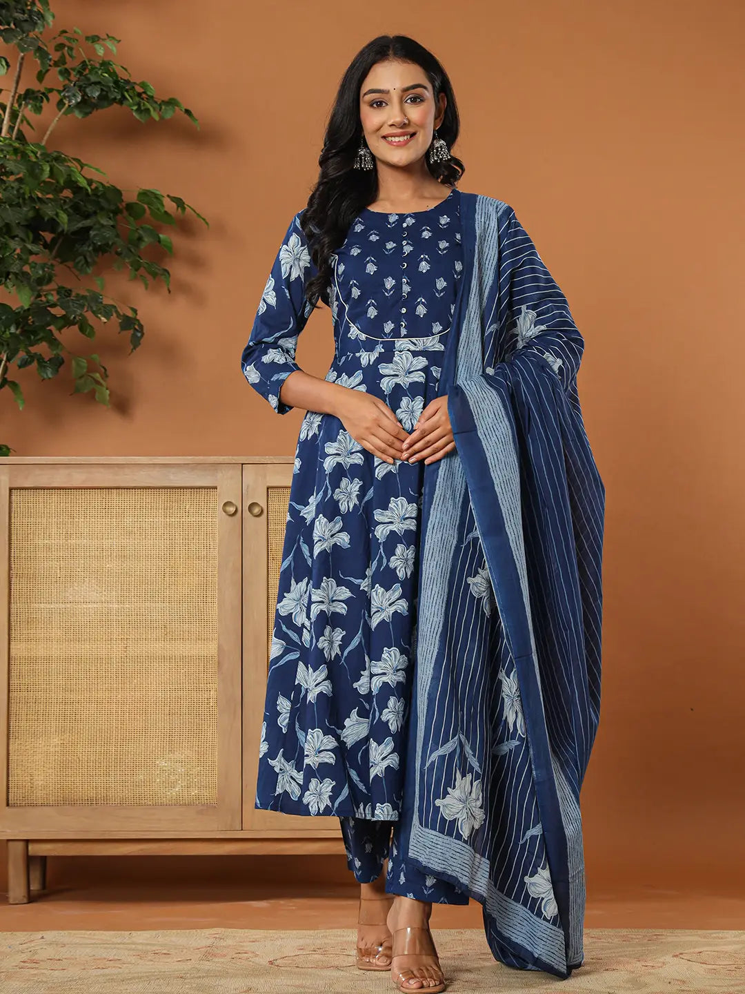 Yufta Cotton Blue Anarkali Dupatta Set