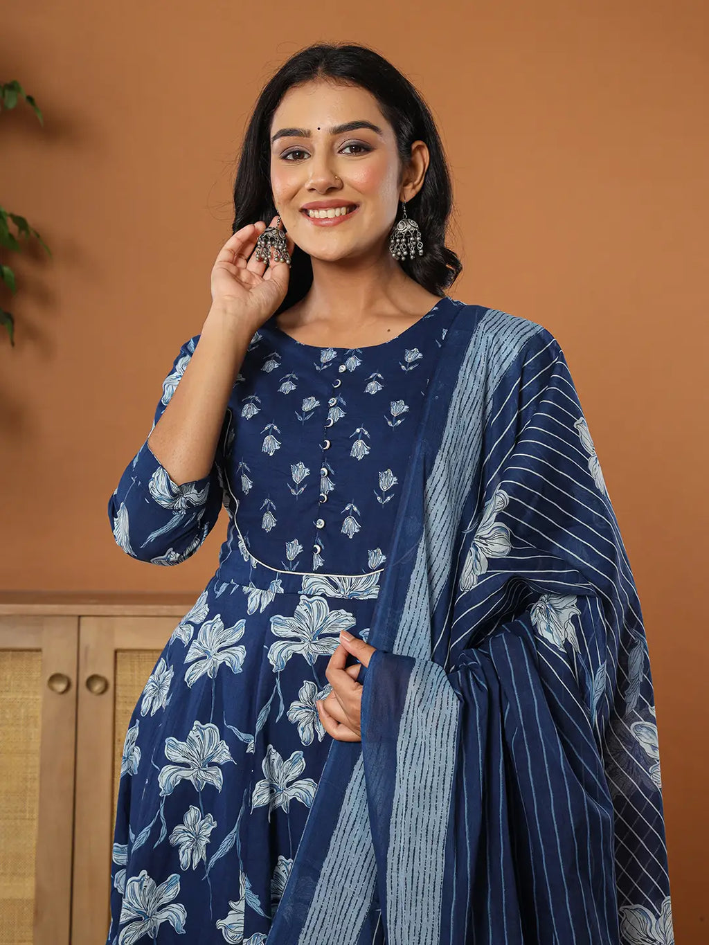 Yufta Cotton Blue Anarkali Dupatta Set