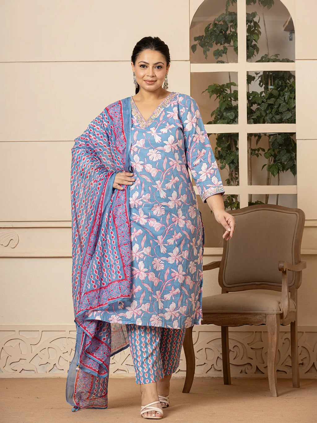 Yufta Cotton Blue Plus Size Kurta Dupatta Pant Set