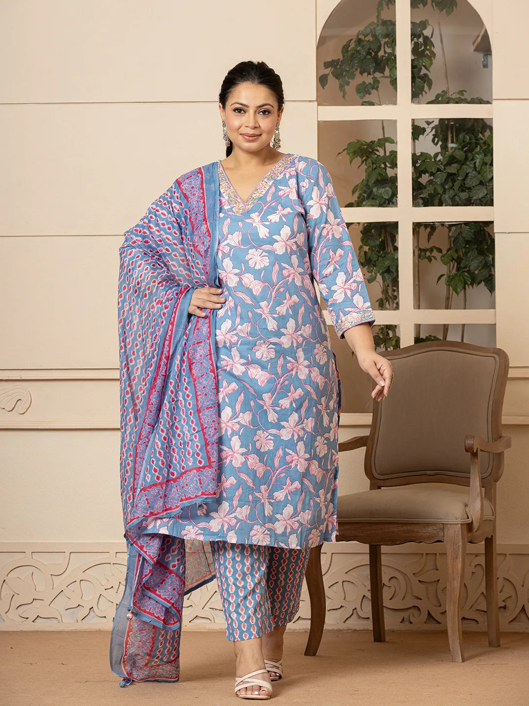 Yufta Cotton Blue Plus Size Kurta Dupatta Pant Set