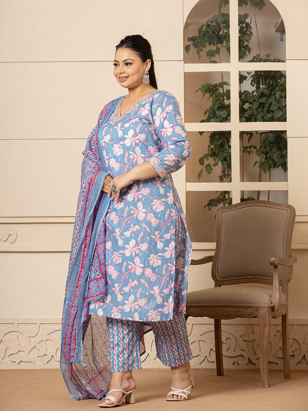 Yufta Cotton Blue Plus Size Kurta Dupatta Pant Set