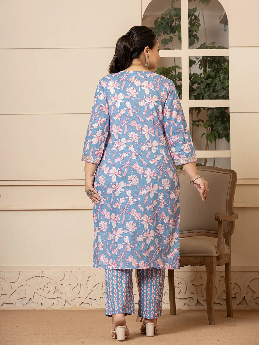 Yufta Cotton Blue Plus Size Kurta Dupatta Pant Set
