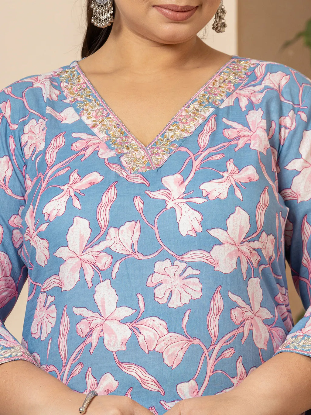 Yufta Cotton Blue Plus Size Kurta Dupatta Pant Set