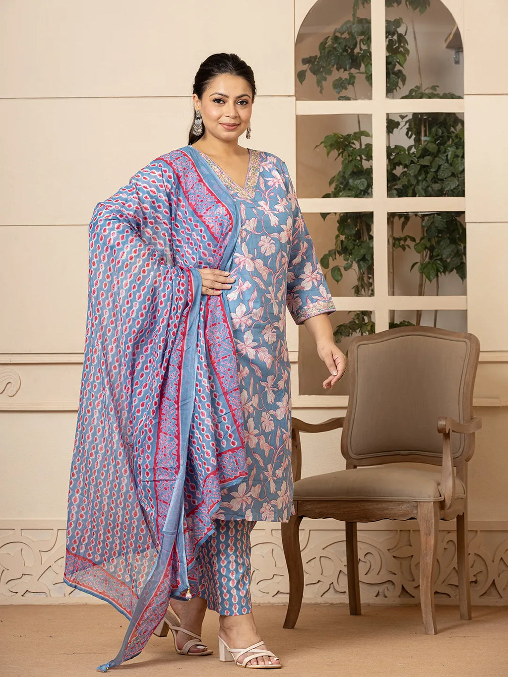 Yufta Cotton Blue Plus Size Kurta Dupatta Pant Set