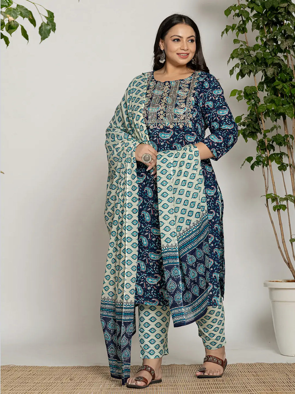 Yufta Cotton Blue Printed Plus Size Kurta Dupatta Set