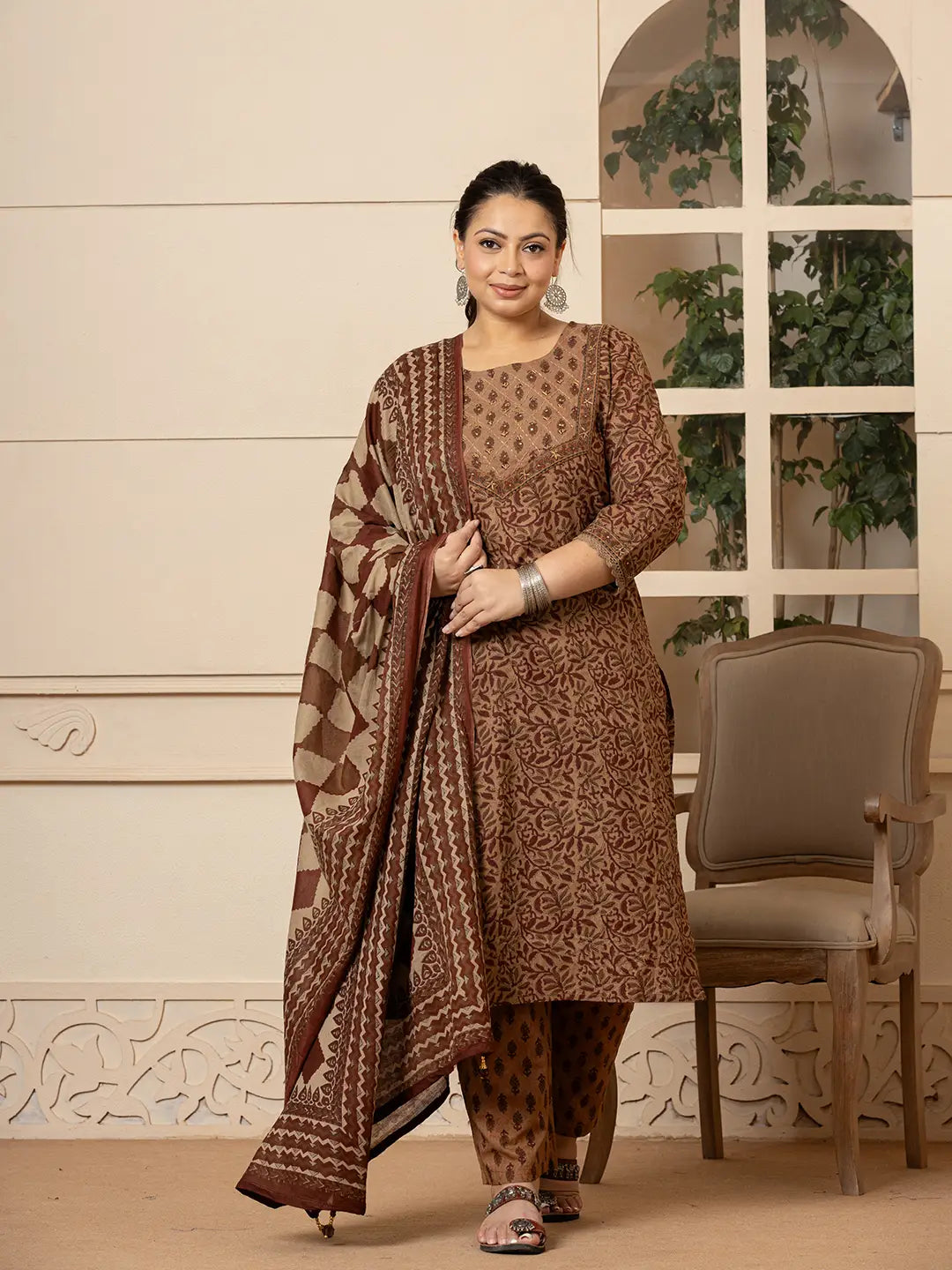 Yufta Cotton Brown Kantha_Work Plus Size Kurta Dupatta Pant Set
