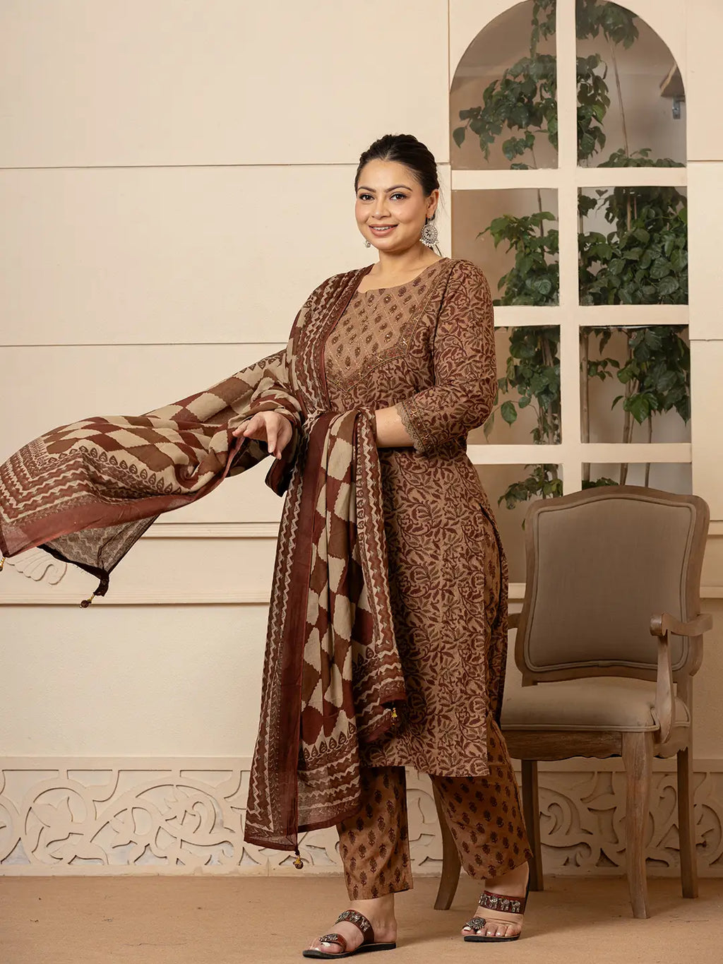 Yufta Cotton Brown Kantha_Work Plus Size Kurta Dupatta Pant Set