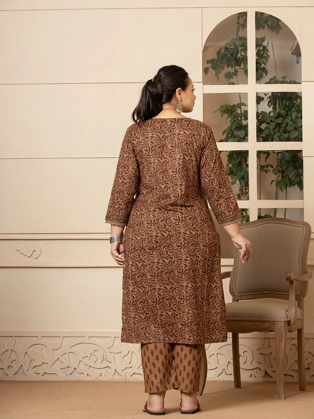 Yufta Cotton Brown Kantha_Work Plus Size Kurta Dupatta Pant Set