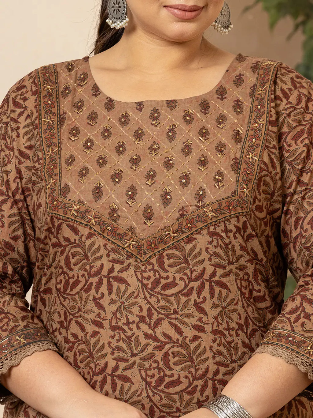 Yufta Cotton Brown Kantha_Work Plus Size Kurta Dupatta Pant Set