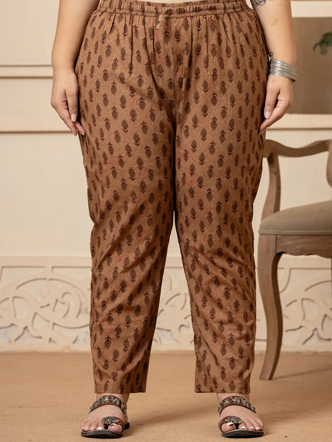 Yufta Cotton Brown Kantha_Work Plus Size Kurta Dupatta Pant Set