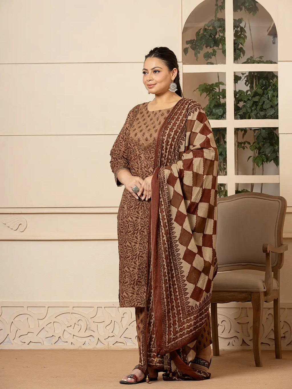 Yufta Cotton Brown Kantha_Work Plus Size Kurta Dupatta Pant Set