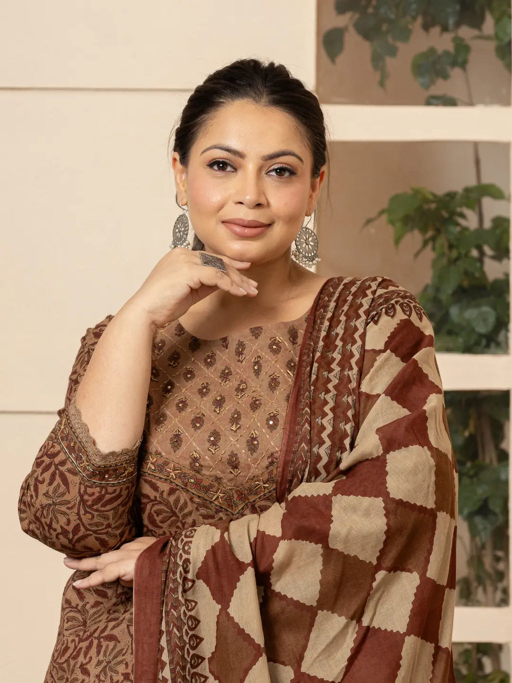 Yufta Cotton Brown Kantha_Work Plus Size Kurta Dupatta Pant Set