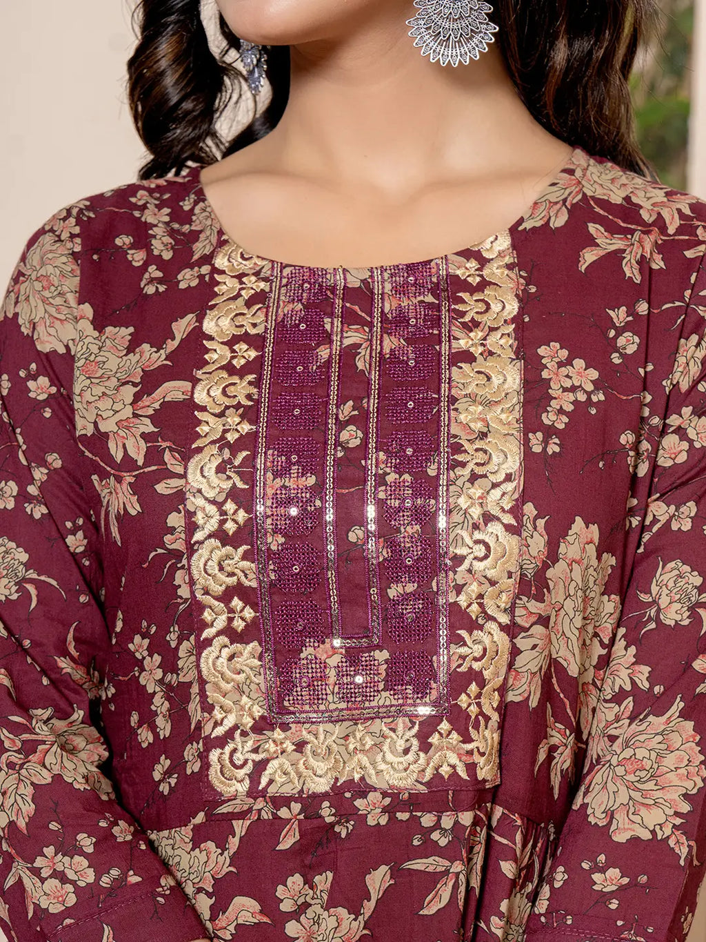 Yufta Cotton Burgundy Anarkali Dupatta Set