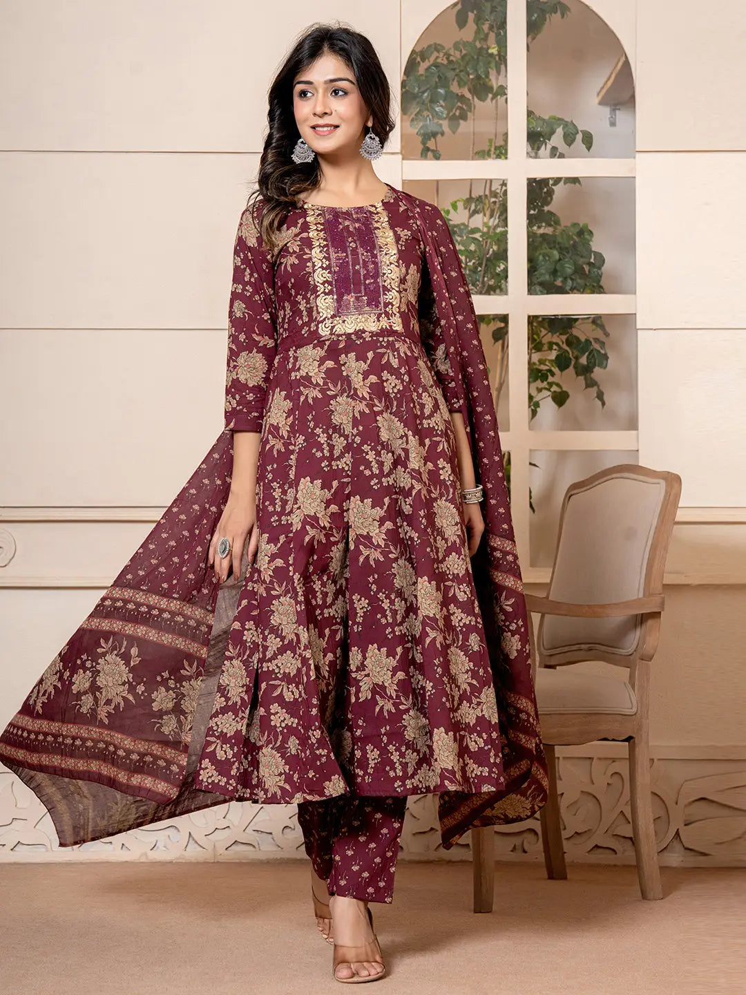 Yufta Cotton Burgundy Anarkali Dupatta Set
