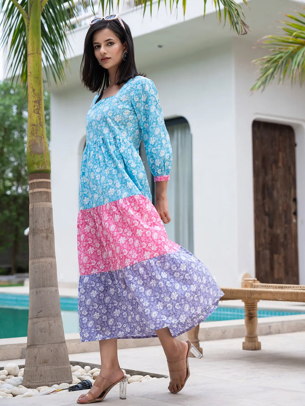 Yufta Blue Cotton Colour Blocking Tiered Dress