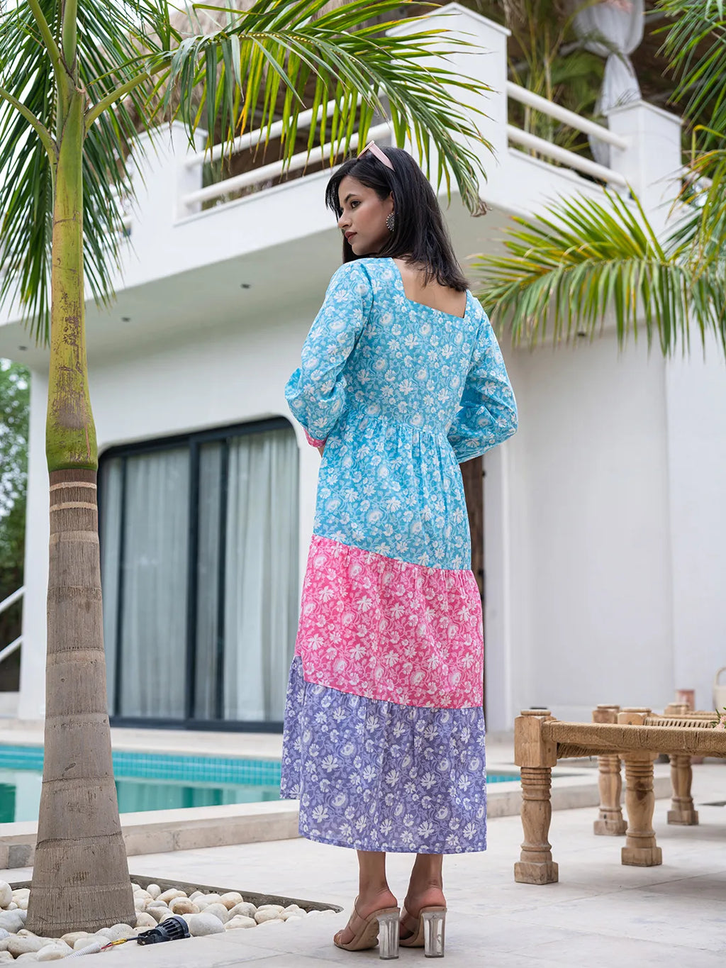 Yufta Blue Cotton Colour Blocking Tiered Dress