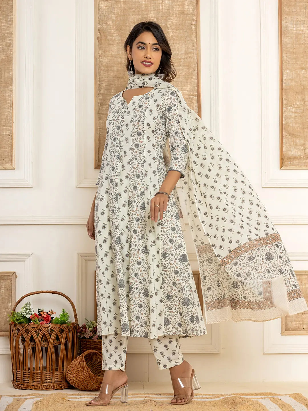 Yufta Cotton Cream Anarkali Kurta Dupatta Set