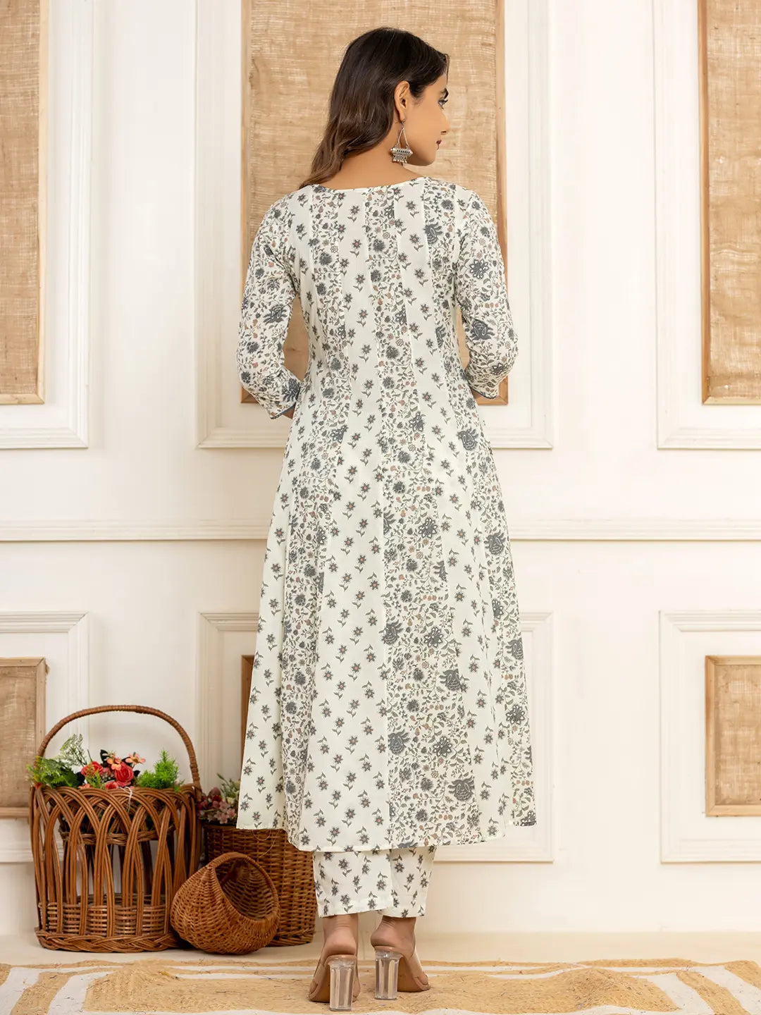 Yufta Cotton Cream Anarkali Kurta Dupatta Set