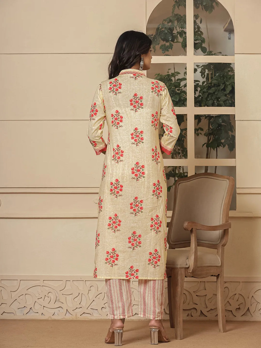 Yufta Cotton Cream And Peach Kurta Dupatta Set